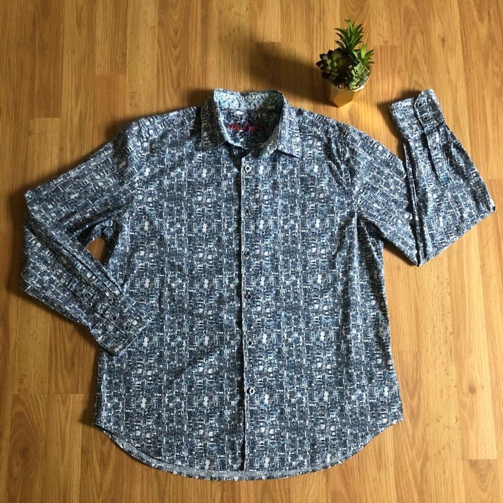 Robert Graham Men's Richfield Geometric Blue Black Long Sleeve Shirt SIZE LRG